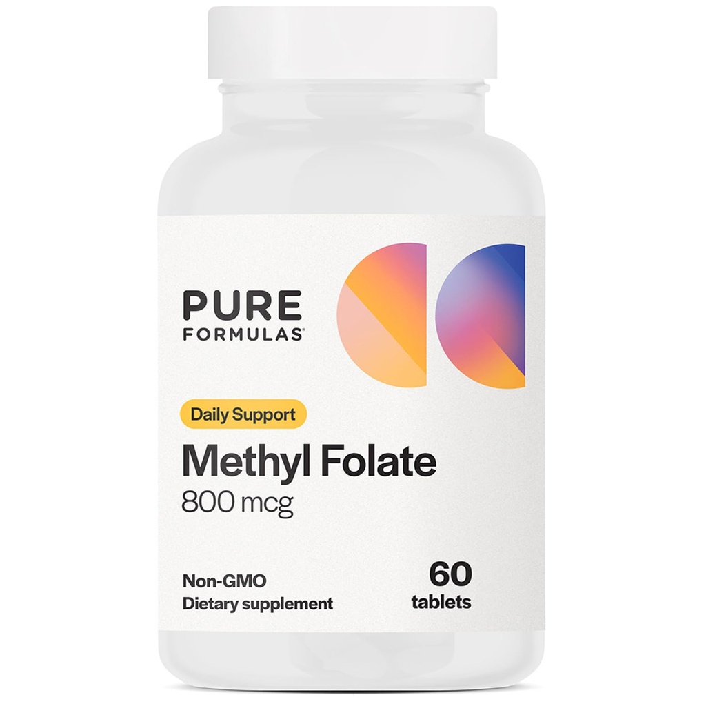 PureFormulas Methylfolat 800 mcg - Active B9 (5- MTHF) for cardiovaskulær, Nerve & Food Health, Ikke- GMO vegetariske tabletter, 60 Tæl