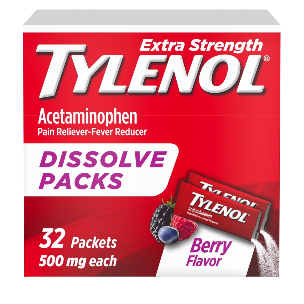 Tylenol Extra Strength Dissoltion Powder Packs, 500 mg Acetaminophen Pain Reliever & Fever Reducer Medicine, Fast Relief for Minor Aches & Pains, Ibuprofen- & Aspirin- Free, On- the- Go Berry Flavor, 32 Ct