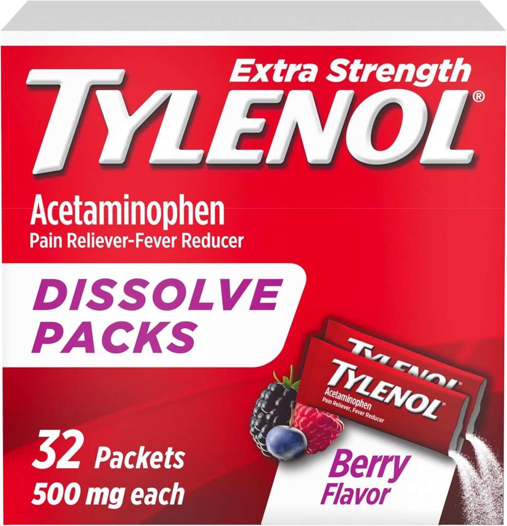 Tylenol Extra Strength Dissoltion Powder Packs, 500 mg Acetaminophen Pain Reliever & Fever Reducer Medicine, Fast Relief for Minor Aches & Pains, Ibuprofen- & Aspirin- Free, On- the- Go Berry Flavor, 32 Ct