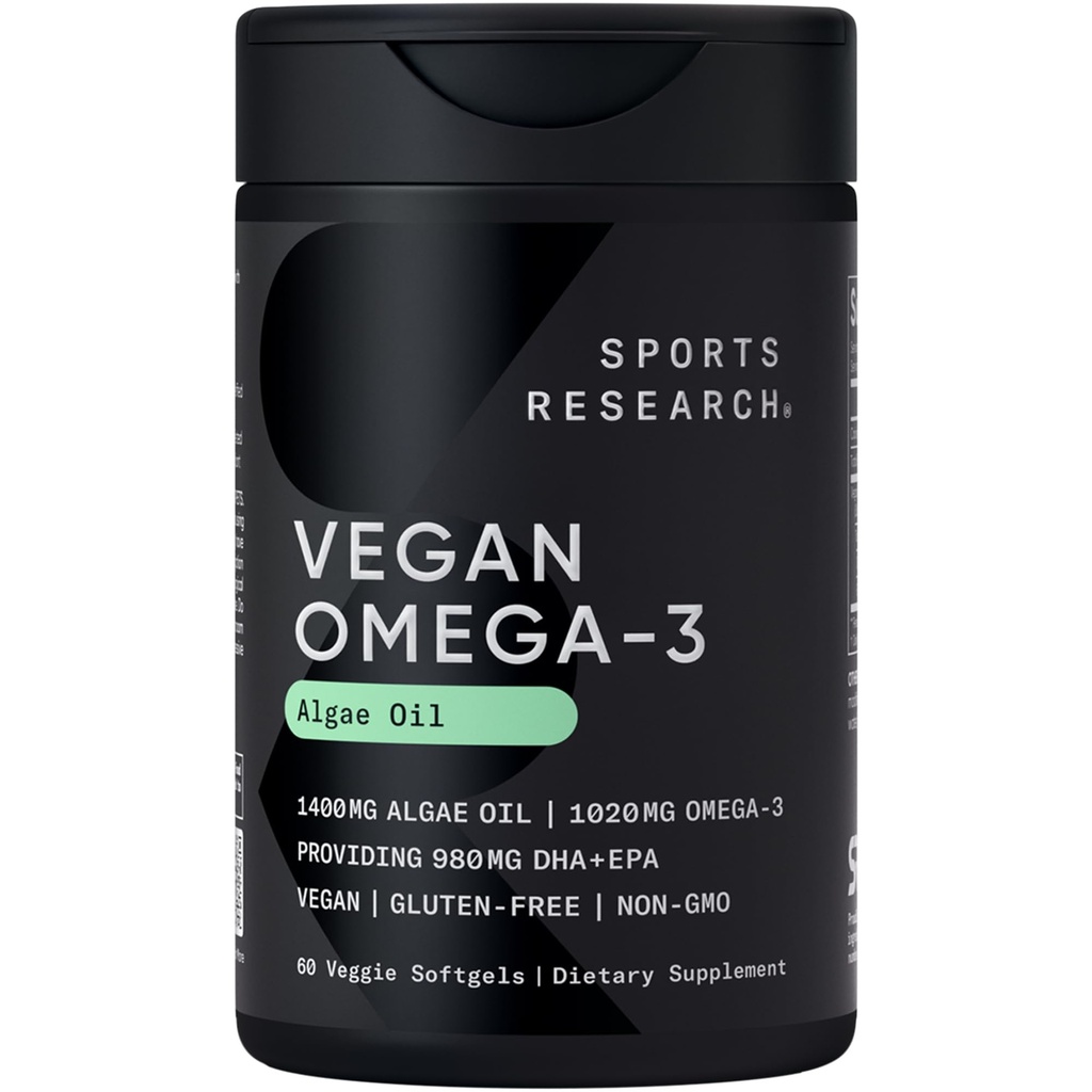 Sportsforskning Vegan Omega-3 Fish Oil Alternative fra Algae Oil - Højeste niveauer af Vegan DHA & EPA Fedtsyre- 124; Non- GMO Testet - 60 Veggie Softgels (Carrageenan Free)