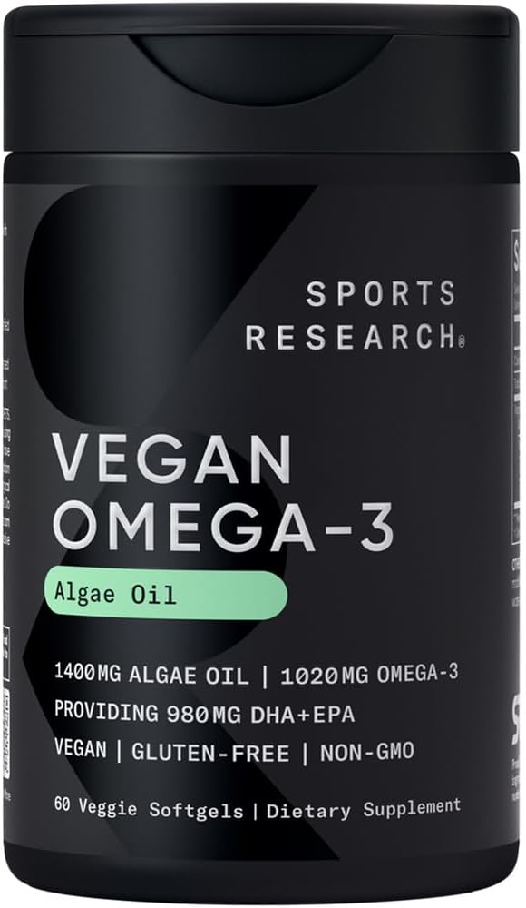 Sportsforskning Vegan Omega-3 Fish Oil Alternative fra Algae Oil - Højeste niveauer af Vegan DHA & EPA Fedtsyre- 124; Non- GMO Testet - 60 Veggie Softgels (Carrageenan Free)