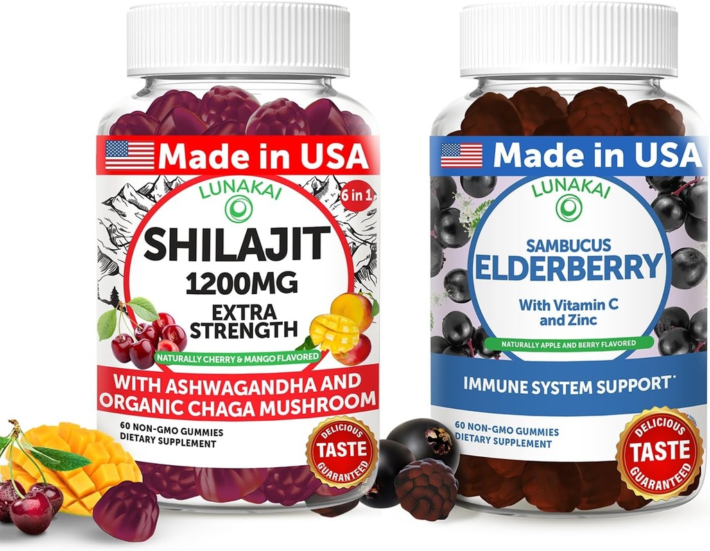 Lunakai USA Made Shilajit & Elderberry Gummies Bundle - Energi og immunforsvar - Non- GMO & lækker
