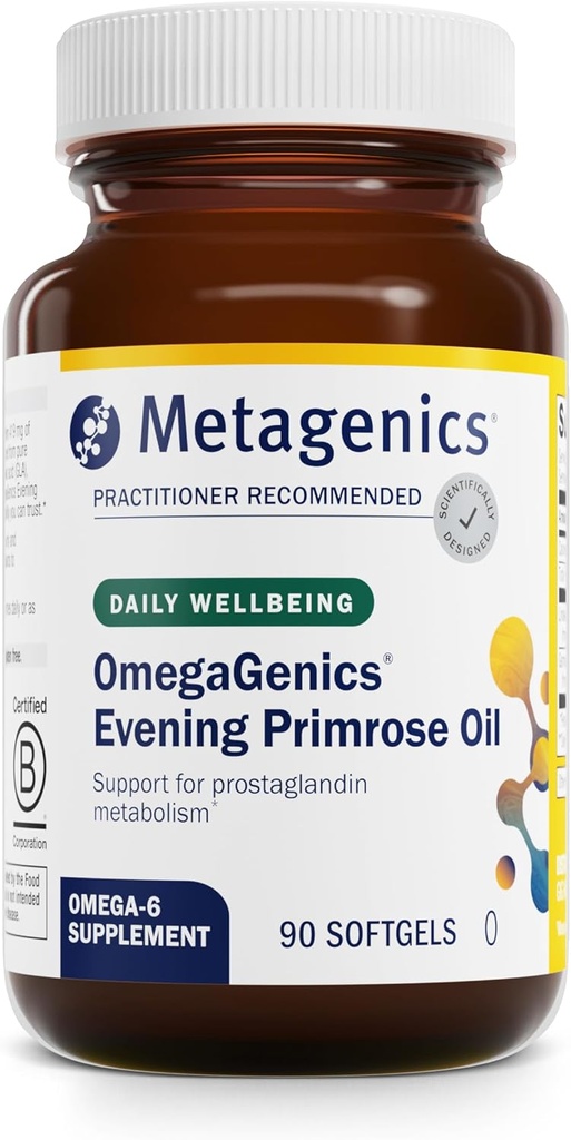Metagenics OmegaGenics Aften Primrose Oil - 419 mg Omega- 6 med 50 mg GLA - Understøtter hud, Hormonal, PMS, menopause og immunforsvar * - Non-GMO, Gluten- Free - GMP Certificeret Facility - 90 Softgel
