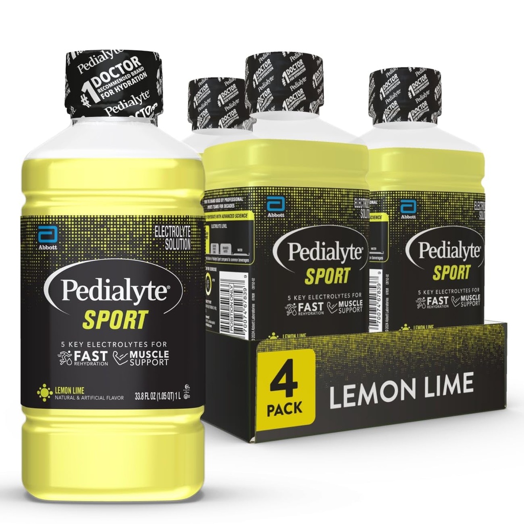 Pedialyte Sport Electrolyte Drink, Hurtig hydrering med 5 Key Electrolytes for Muscle Support Før, under og efter træning, Lemon Lime, 1 Liter, pakke med 4