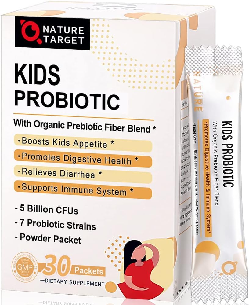 Probiotika-for- Kids med Prebiotics Fiber, 5 Millioner CFU 'er Kids Probiotiske Pulver til fordøjelse Sundhed & Immunstøtte, 7 Organic Probiotiske Strops for Age 3 +, Dairy, Gluten & Sugar Free, 30 Pakker