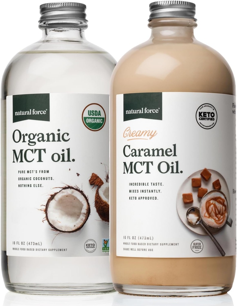 Naturkraft Cremet Caramel MCT Olie + Organic Full Spectrum MCT Olie - Gluten- Gratis, Ikke GMO, 100% Pure Coconut MCT fra Organic Coconuts - Keto, Paleo, og Vegan - 2x 16 Ounce Glaskolber