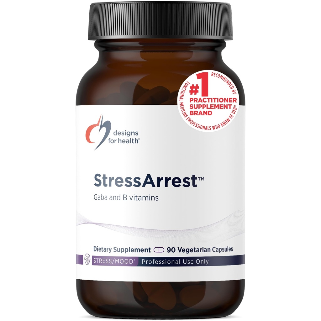 Design for Health StressArrest - 300mg GABA med glycin, pantothensyre + Niacinamid (vitamin B3) til fremme af en rolig stress respons - ikke-GMO Gluten Free Supplement (90 kapsler)