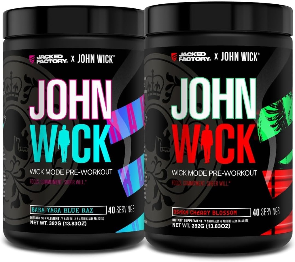 Jacked Factory X John Wick - Wick Mode Pre Workout Powder - Intense Energy, Battle- Ready Focus, Ustoppelig engagement, og Sheer Will - Baba Yaga Blue Raz & Osaka Cherry Blossom (80 Servere)