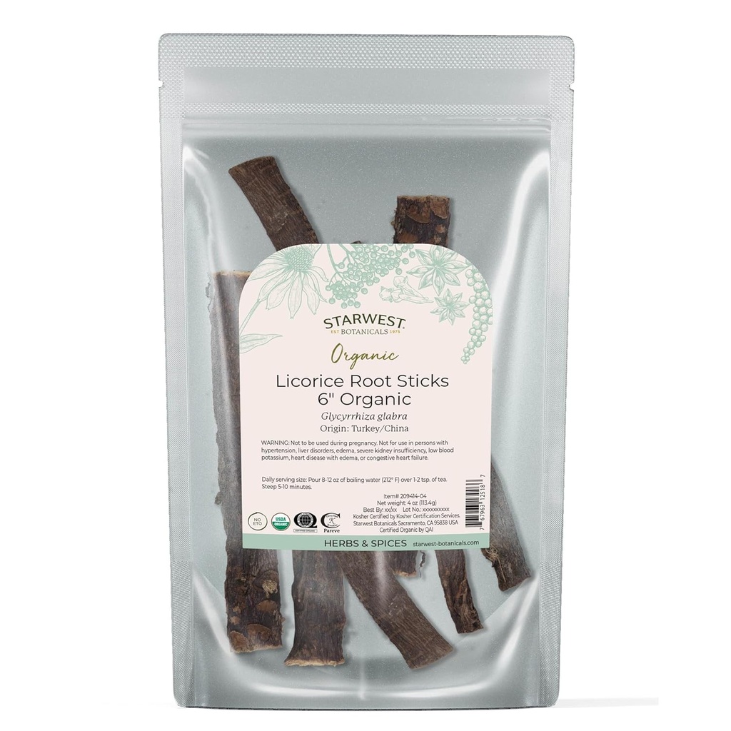 Starwest Botanicals Organic Tørret Lakrids Root Sticks 6 "- Herb for Loose Leaf Tea Blends, Candy, & baged Goods, Cut & Sigted, Certified Kosher, Non- GMO - 4 oz Pouch