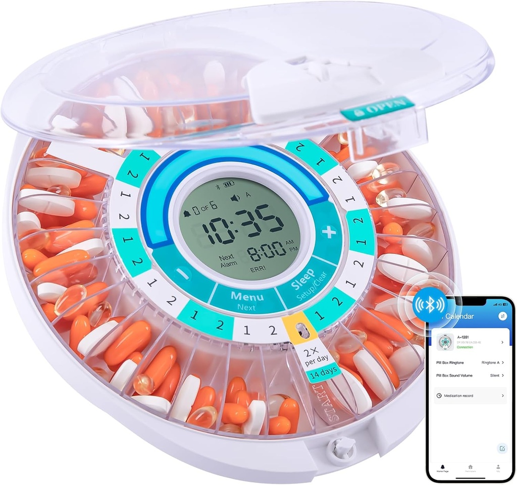 Daviky Automatic Pill Dispenser til ældre med Alarm, Electronic Pill Dispenser Machine, 28 dag Smart Bluetooth Monthly Pill Organizer, Pill Reminder med APP til receptioner, Vitaminer og mere