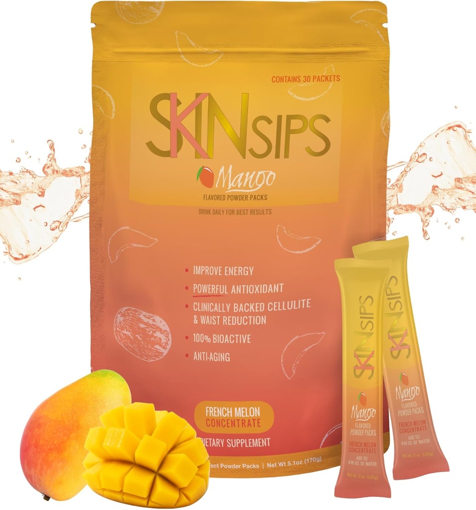 Skin Health & Energy Boost Drink Mix- Sugar Free, SCH (TM), Antioxidanter fra Fransk Melon Koncentrat, On the Go Stick Packs, Mango, 30 Pack