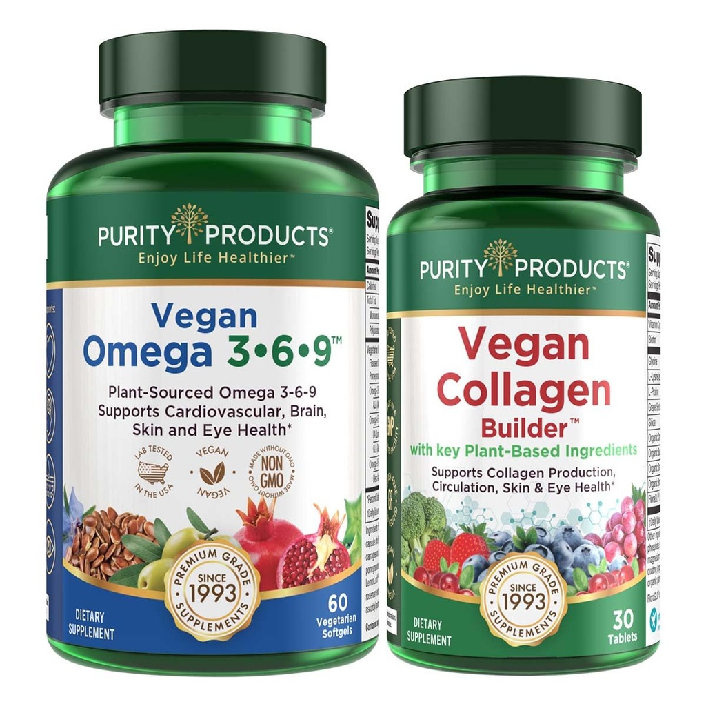 Renhed produkter Bundle - Vegan Omega 3-6-9 + Vegan Collagen Builder Omega 3-6-9 ("5 i 1" Plant- baseret Omega Essential Fede Acid) - Vegan Collagen Builder (w / Key Plant- baserede ingredienser & mere)