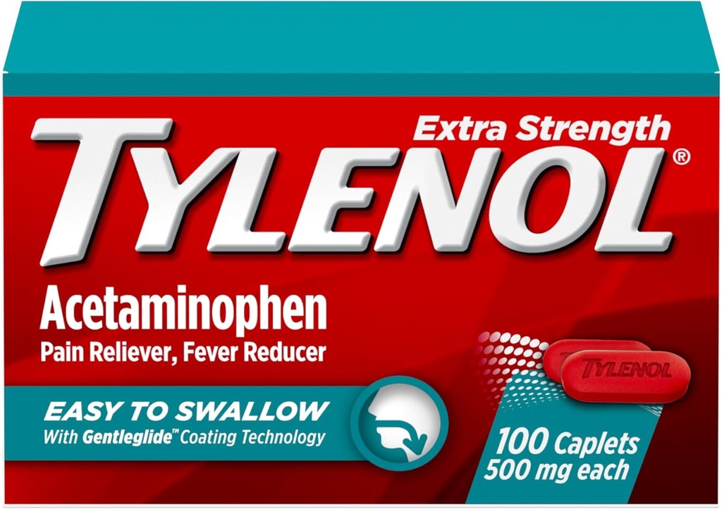 Tylenol Extra Strength Easy to Swallow Acetaminophen, Pain Reliever & Fever Reducer Coated Caplets for Adults with Gentleglide Technology, 500 mg Extra Strength Acetaminophen, 100 ct