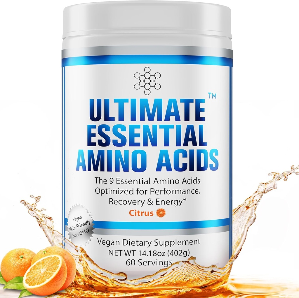 Ultimate 100% essentielle aminosyrer pulver [Citrus Flavor, 60 (5g) Servering] BCAA Plus L- Lysin, L-Threonin, L-Phenylalanin, L-methionin, L-Histidin & L-Tryptophan Nutritional Supplement