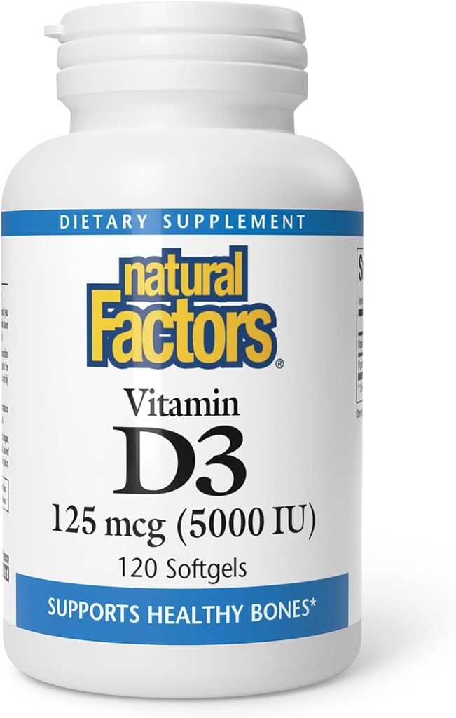 Naturlige faktorer - D3- vitamin 5000 IE, understøtter sunde knogler, 120 bløde geler