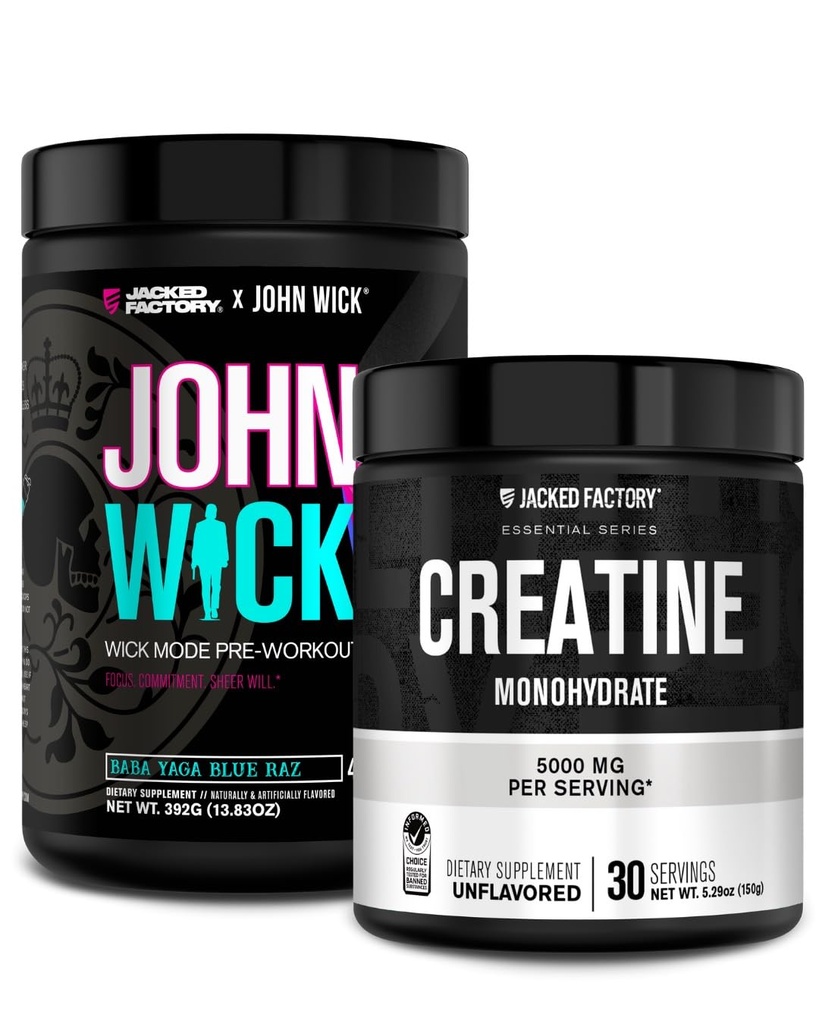 Jacked Factory X John Wick - Wick Mode Pre Workout Powder (Baba Yaga Blue Raz, 40 Servere) & Creatin monohydrat Powder (Unflavored, 30 Servere)