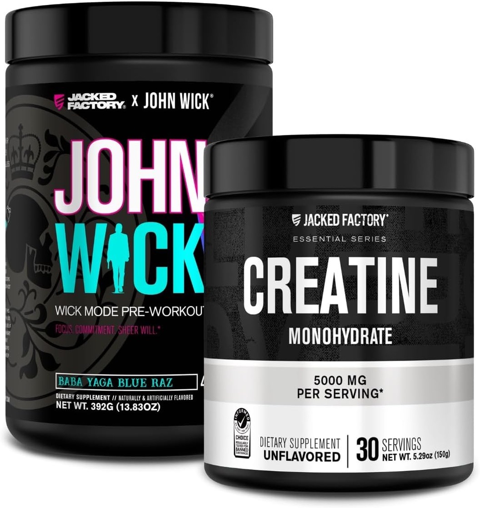 Jacked Factory X John Wick - Wick Mode Pre Workout Powder (Baba Yaga Blue Raz, 40 Servere) & Creatin monohydrat Powder (Unflavored, 30 Servere)