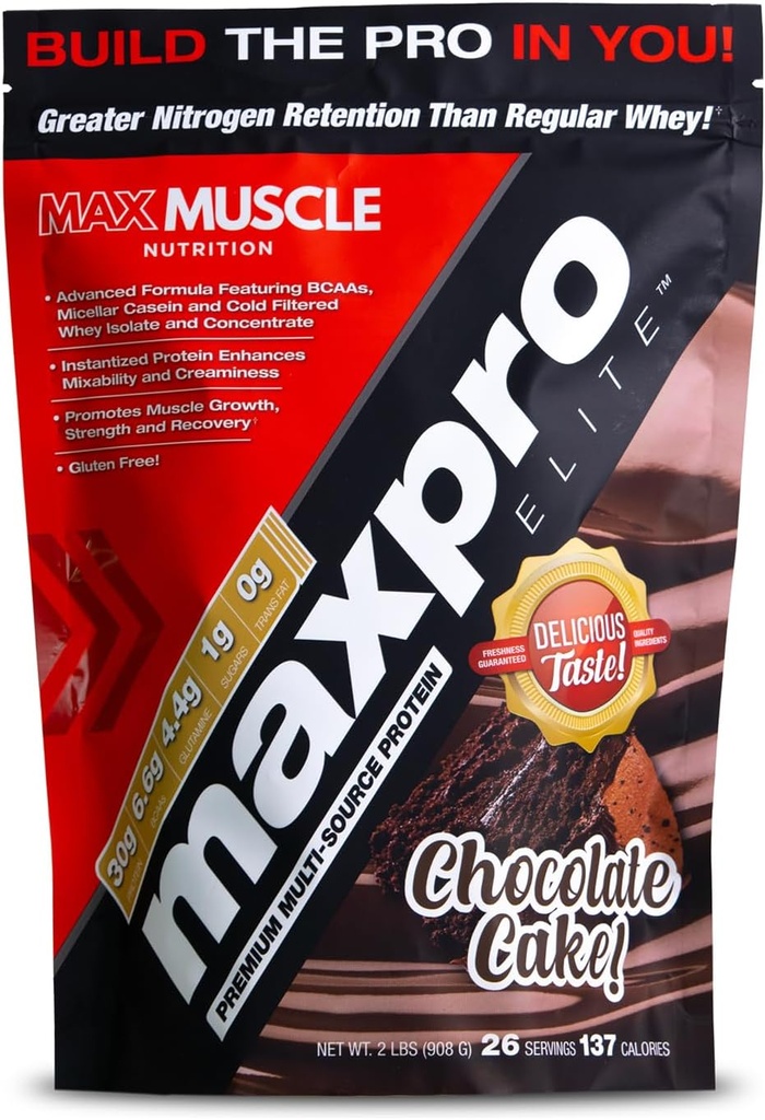Max Muscle Maxpro Elite Premium Multi-Sourced Protein | Bcaas, Micellar Casein, Cold Filtered Whey Isolate and Concentrate | Promotes Muscle Growth, Strength and Recovery (2lb)