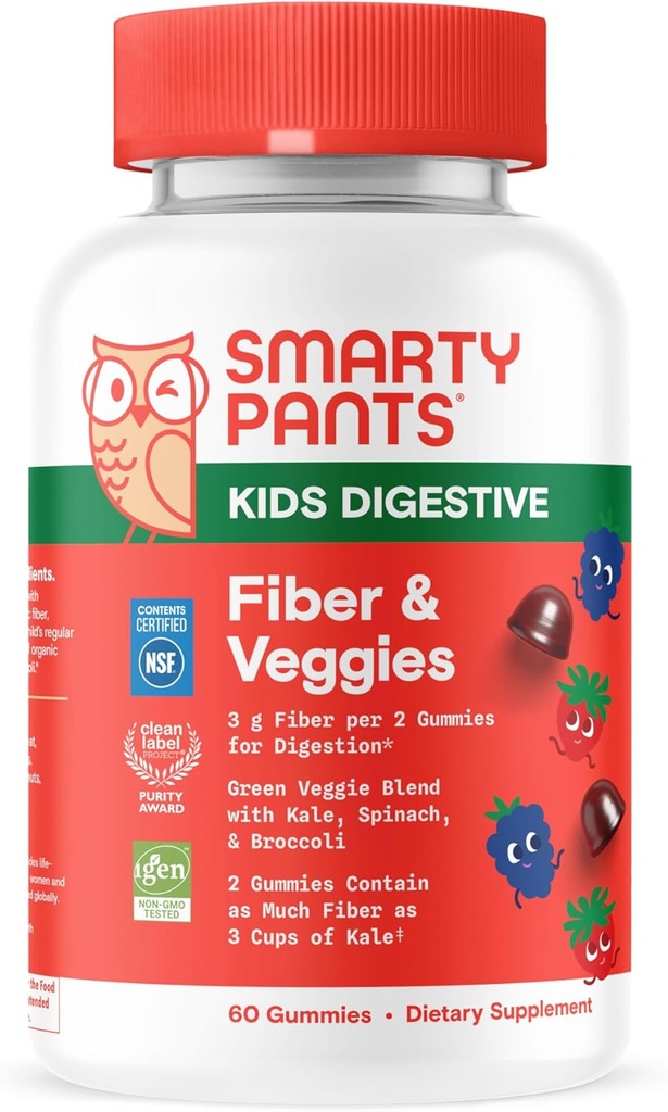SmartyPants Kids Fiber & Veggies: Prebiotic Fiber Gummies for Kids, Fiber Supplement med Inulin, Organic Green Veggie Blend, Vegan, Gluten Free, Blandet Berry Flavor, 60 Greve (30 dages levering)