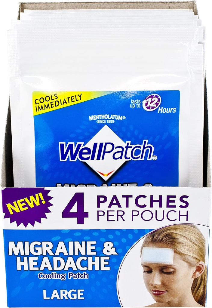WellPatch Migræne & Hovedpine Køling Patch - Drug Free, varer op til 12 timer, Sikker at bruge med medicin - Store Patches (4 pakker af 4 Patches), Hver 4.3 x 2 i