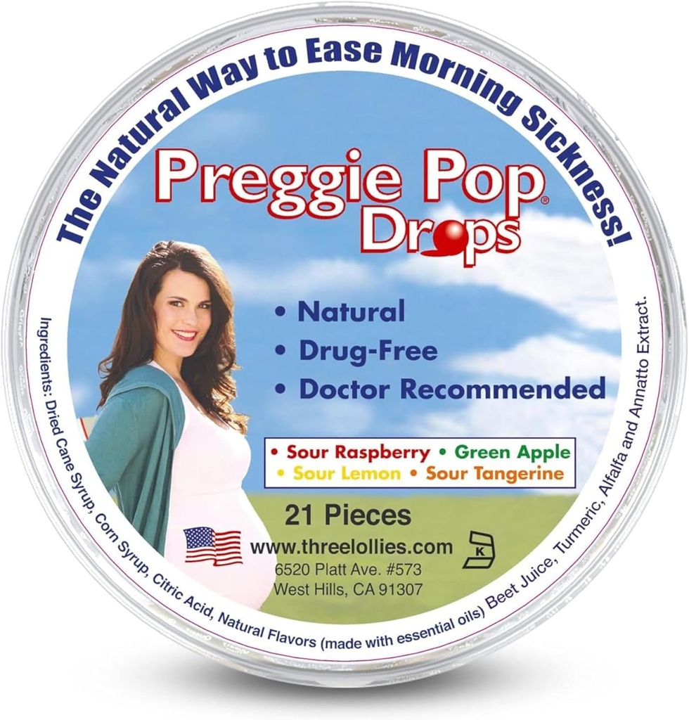 Preggie Pop Drops Mex124; 21 Drops Mex124; Morgenkvalme under graviditet Mex124; Sikker til gravide mor & Baby Mex124; Gluten Free Mex124; Four Flavors: Lemon, Raspberry, Green Apple, Tangerine