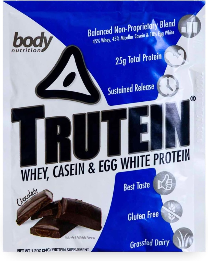 Krop Nutrition Trutein High Protein Powder: 45% Whey, 45% Casein, 10% Egg White, Gluten- Free, Lavnatrium, Grass Fed Whey Protein Powder, Gym Supplement & Breakfast Shake, Chokolade, 34g Prøven