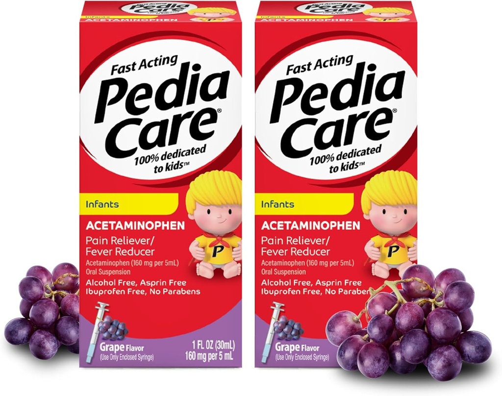 Spædbørn Acetaminophen Oral Suspension Liquid, Fastvirkende Spædbørnssmerter Reliever / Feber Reducer med Easy- to- Use Springe, Zero Alkohol eller Aspirin eller Ibuprofen, Grape Flavor, 1 fl oz (2 Pack)