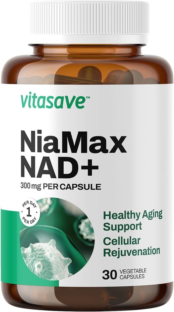 Vitasave NiaMax NAD + Supplement - 300mg Niacinamid Riboside per kapsel - Højpotens NAD + Prækursor for energi, sund aldring og metabolisk funktion - Vegan, ikke-GMO, Gluten- fri (30 kapsler)