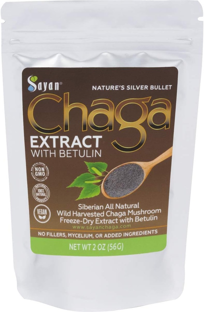 Sayan Siberian Chaga Mushroom Extract med Betulin Powder (2 oz) - Organic Antioxidant Blend - Support Immunsystem & Regulere Kropfunktioner, Energi, Klarhed, Wellness - Bland med Yogurt eller Smoothies
