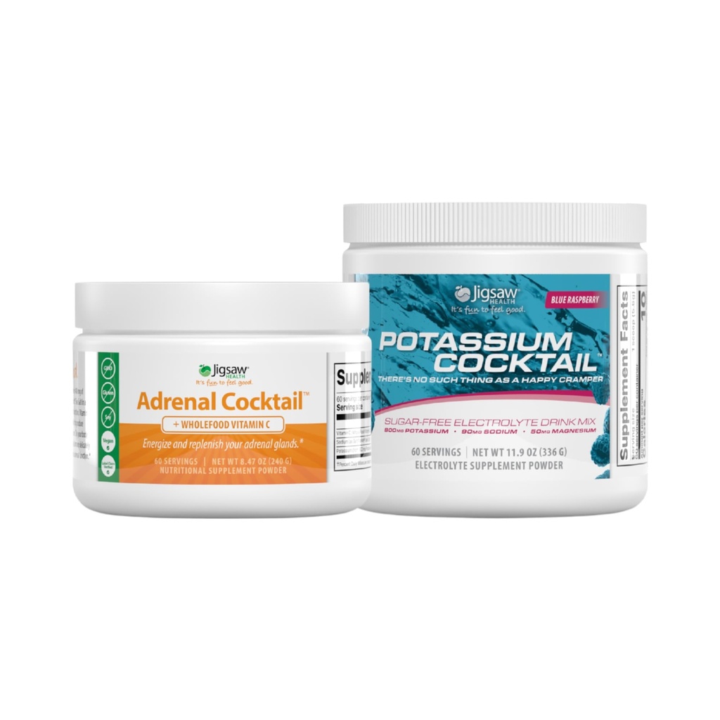 Jigsaw Health Bundle Mea124; Adrenal Cocktail, 60 Servere (Jar), og Kalium Cocktail (Blue Raspberry), 60 Servere (Jar)