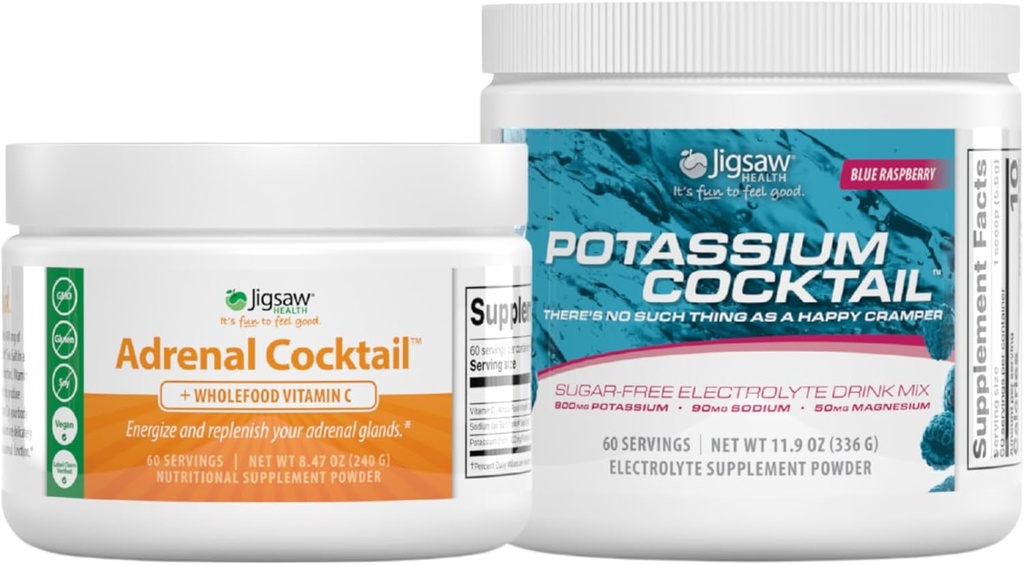 Jigsaw Health Bundle Mea124; Adrenal Cocktail, 60 Servere (Jar), og Kalium Cocktail (Blue Raspberry), 60 Servere (Jar)