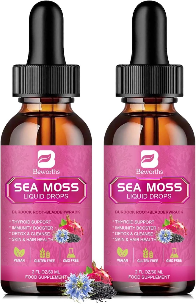 Sea Moss Liquid Drops - Black Seed Oil & Irish Sea Moss Gel med Burdock Root Bladderwrack, Elderberry, Spirulina, Seamoss supplement til energi Booster, fordøjelsessygdomme - 4 Fl Oz, Vegan