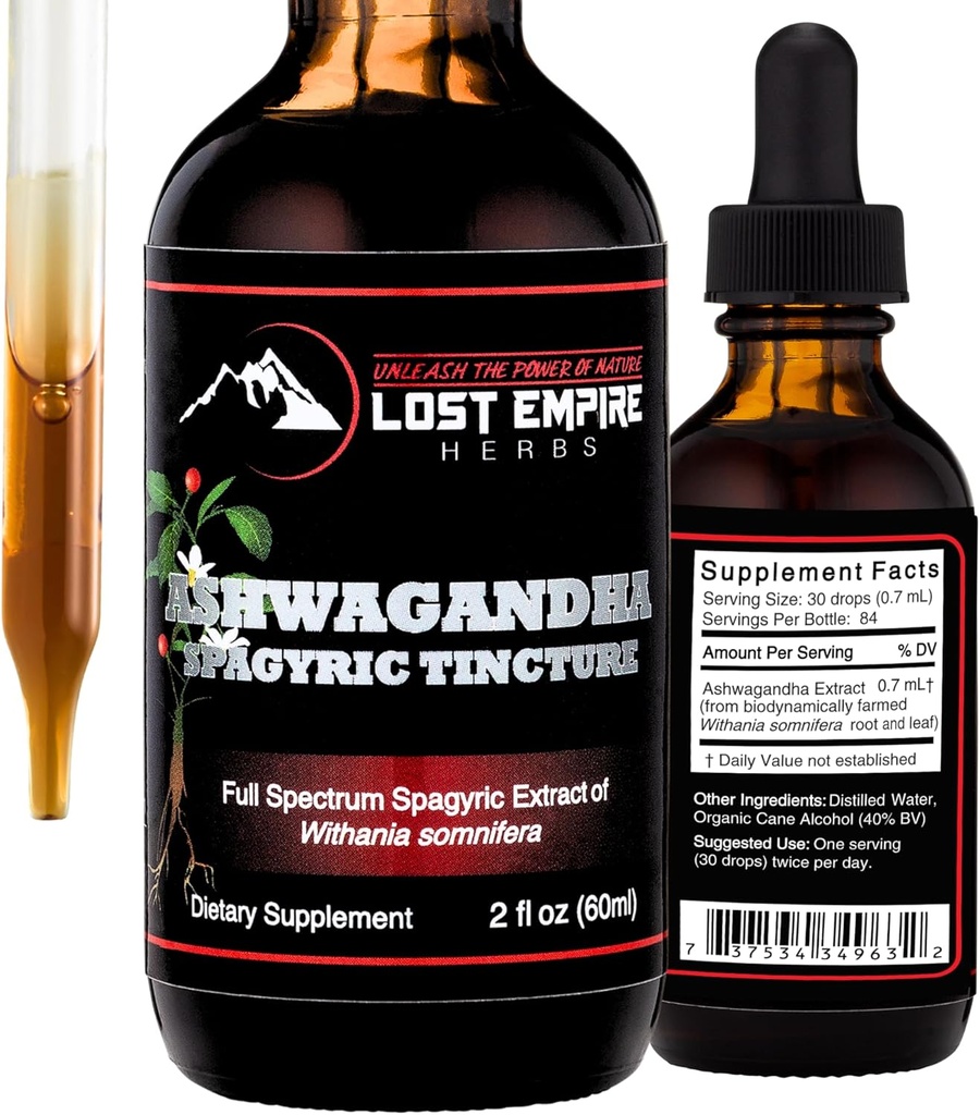 Lost Empire Herbs Ashwagandha Spagyric Tinktur - Flydende Drops Root Extract for Mænd, Kvinder, Sove, Cortisol - Bedste Ashwagandha Supplement USA Grown Organic (2 fl oz)