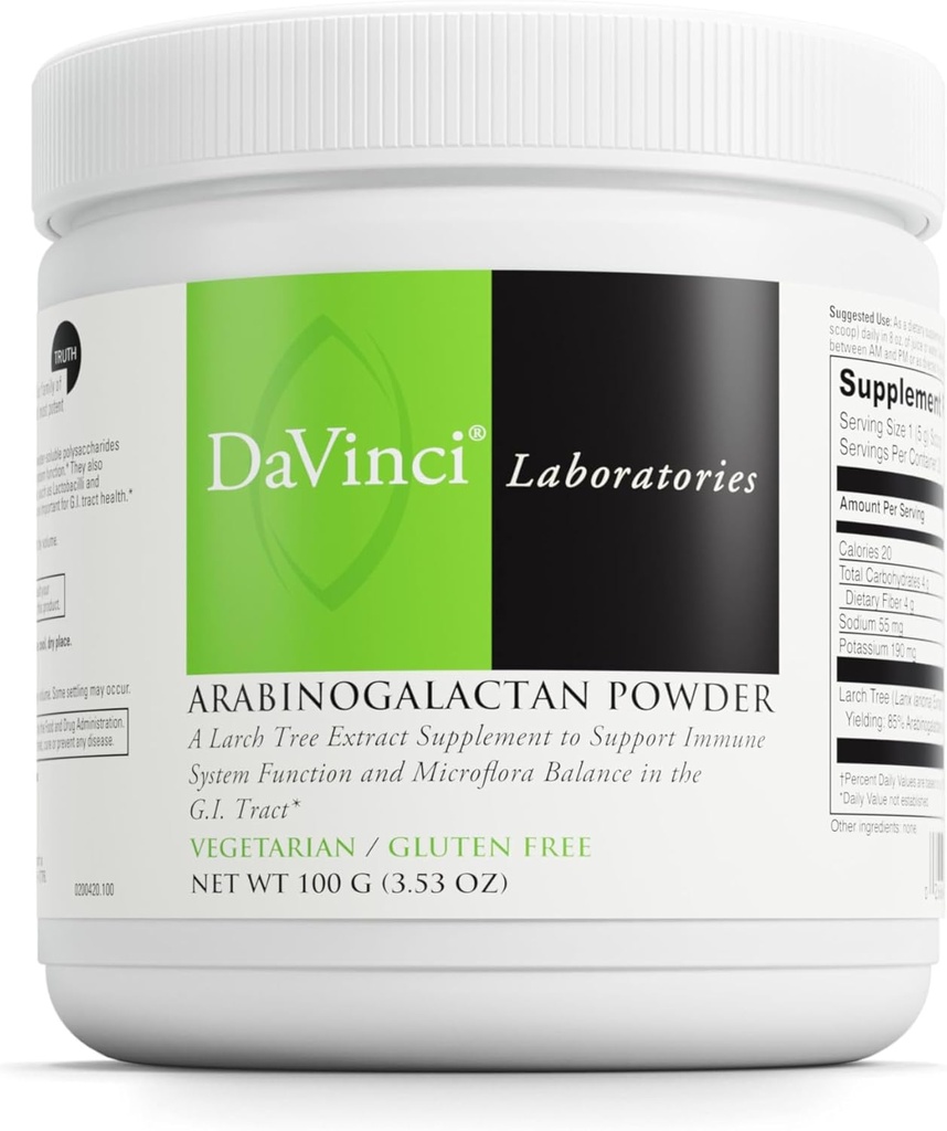 DAVINCI Labs Arabinogalactan Powder - Probiotisk Support Support Immunsystem, GI Health & Microflora Balance * - Prebiotic Fiber tillæg med Larch Tree Extract - 20 Servere (100 g)