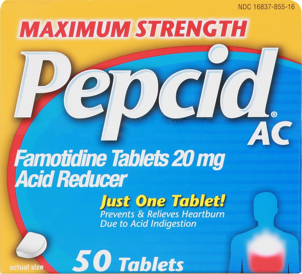 Pepcid AC Maksimal styrke Heartburn Relief Tablets, OTC Medicin Prevents & Relieves Heartburn På grund af syre fordøjelsesbesvær & sour Mave, 20mg Famotidinsyre Reducer, Fast- Actioning, 50 ct