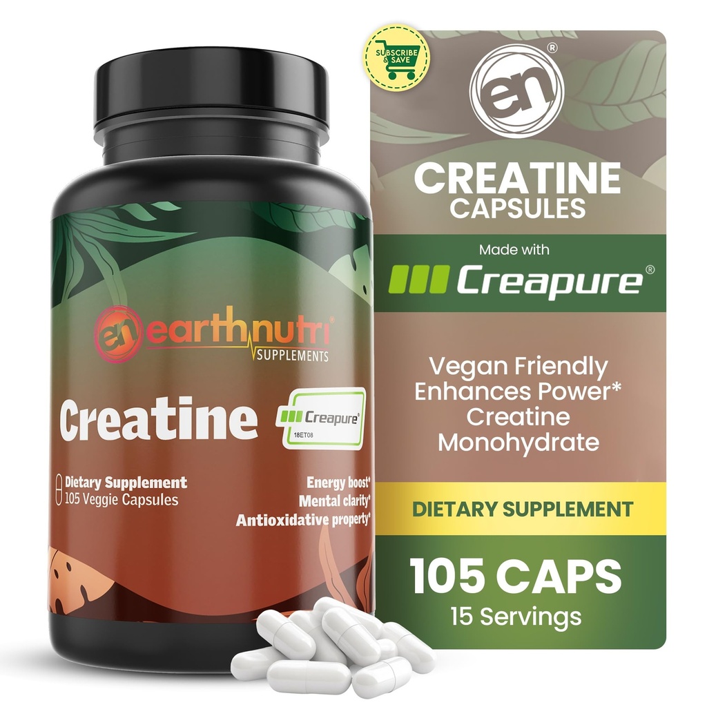 EarthNutri Creatinine monohydrat kapsler - Mikroniseret for bedre absorption - understøtter muskel styrke, styrke & inddrivelse - 105 kapsler (5000mg per Serving, 7 kapsler)
