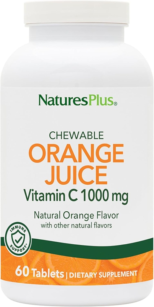 NaturePlus Orange Juice - 60 tyggetabletter - 1000mg C-vitamin - højpotens immuntilskud, Antioxidant - Vegan, Gluten Free - 60 Servere