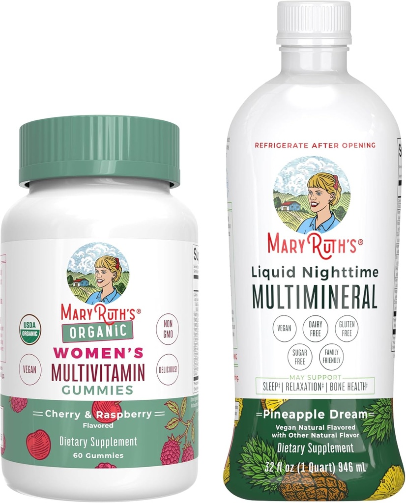 MaryRuth 's Multivitamin Gummies for Women (Cherry & Raspberry) & Liquid Nighttime Multimineral (Ananas) Medical 124; Clean Label Project Verified ® Medical 124; Vegan Medical 124; Beauty, Bedtime Routine, & Samlet sundhed