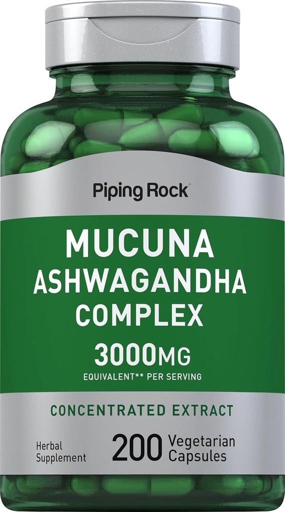 Piping Rock Mucuna Ashwagandha 300 mg • 124; 200 kapsler • 124; Complex Extract supplement for kvinder og mænd • 124; Vegetar, Non- GMO, Gluten Free