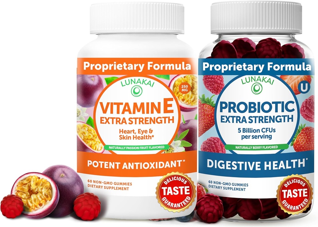 Lunakai Vitamin E og Probiotiske Gummies Bundle - 3000 mcg Gummies for voksne energistøtte - med 5 milliarder CFU per servering for fordøjelsessygdomme - ikke-GMO, Alle naturlige