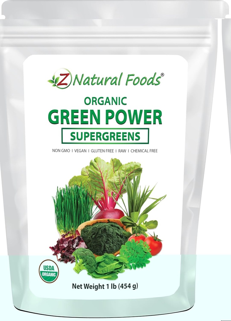 Z Natural Foods Organic Green Superfood Powder - Barley Grass, Wheatgrass, Spirulina, Spinach, Broccoli, Alfalfa Leaf, Beet Root, Tomato, Dulse & Moringa - Raw Vegan Gluten Free - 1lb