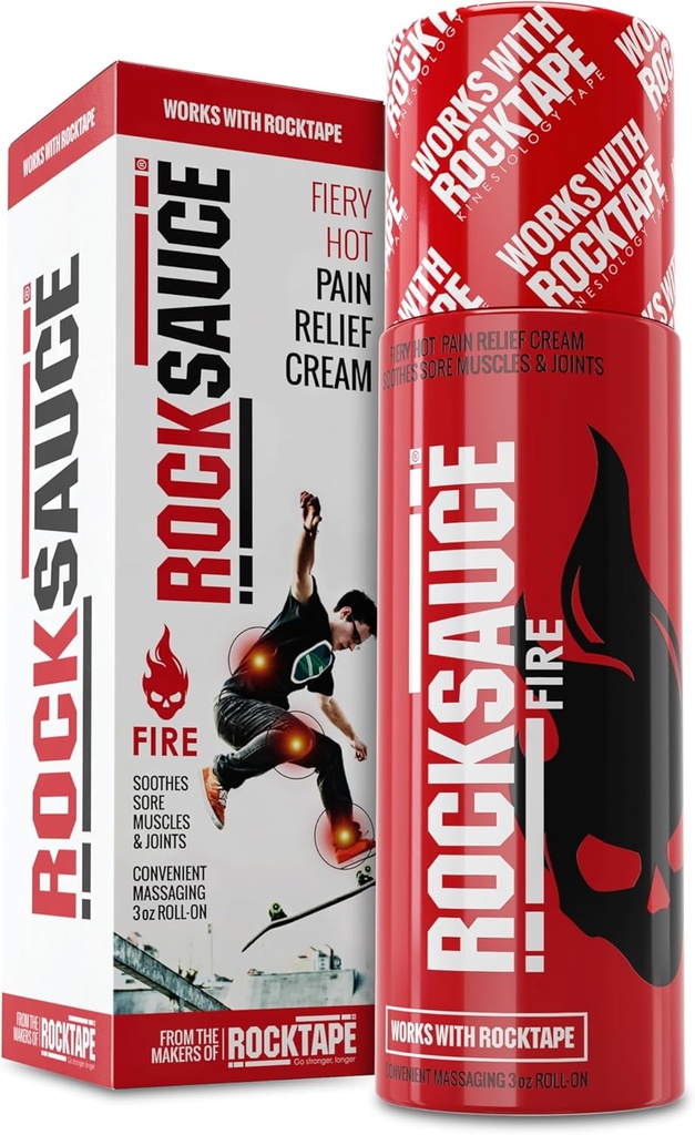 RockSauce Fire, 3 oz Roll-On - Let at bruge Smerte Relief Cream - Capsaicin & Menthol Formel Relieves Muskel & Fælles Smerte - Works w / RockTape - No- Mess Applikator - Farvefri, vil ikke synke tøj