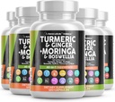 Gurkemeje Moringa Supplementet 124; Ginger Boswellia Safran - Supplement for kvinder og mænd med Ceylon Kanel, Tart Cherry, Quercetin Hvidløg Nettle Holy Basil - 5Pack