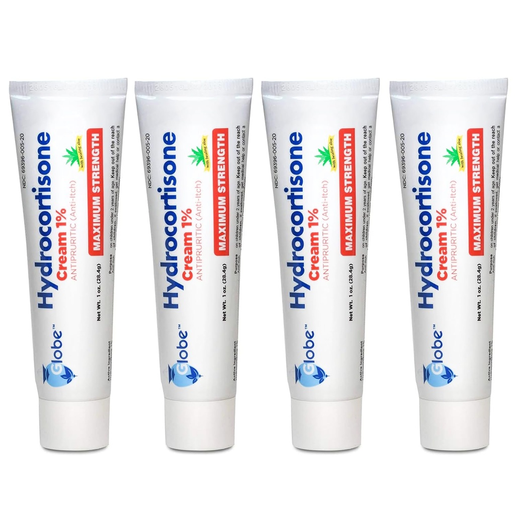 Globe (4 Pack) Hydrocortisone Maximum Strength Anti-Itch Cream 1% w/Aloe, Intensive Formula for Redness, Rash, Bug & Mosquito Bites, Eczema, Hemorrhoids, Sensitive Skin, Instant Itch Relief,1 oz Tube