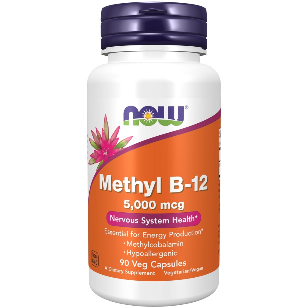 Now Foods Supplements, Methyl B- 12 5000mcg, Methylcobalamin, Hypoallergen, 90 Veg kapsler