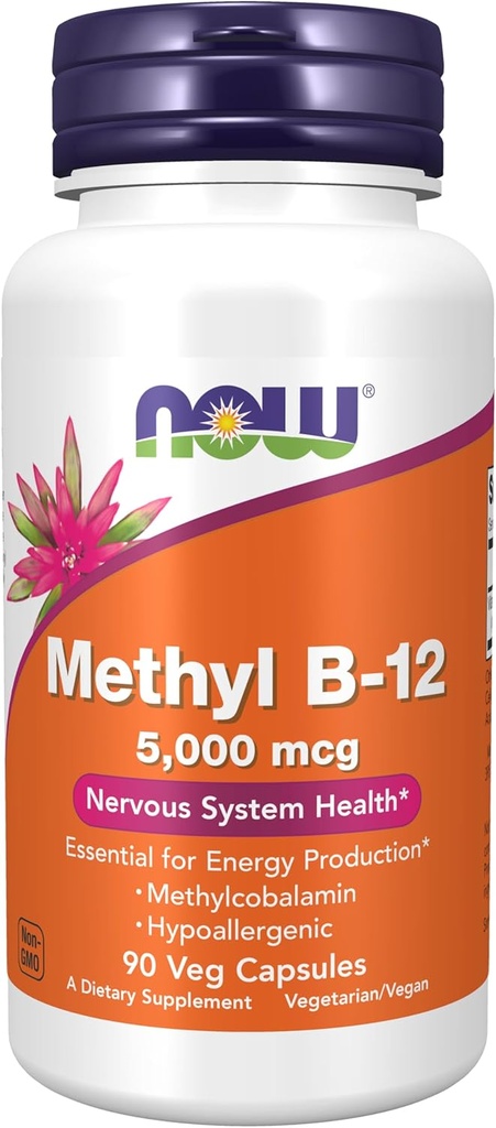 Now Foods Supplements, Methyl B- 12 5000mcg, Methylcobalamin, Hypoallergen, 90 Veg kapsler