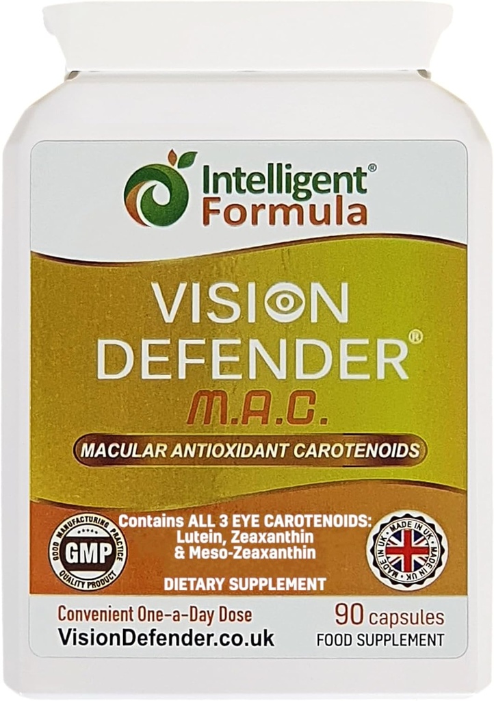 Vision Defender MAC Eye Supplement: Lutein, Zeaxanthin & Meso- Zeaxanthin Triple Antioxidant Carotenoider til øje sundhed og øjesyn (90 kapsler / en kapsel dagligt) Lavet i UK