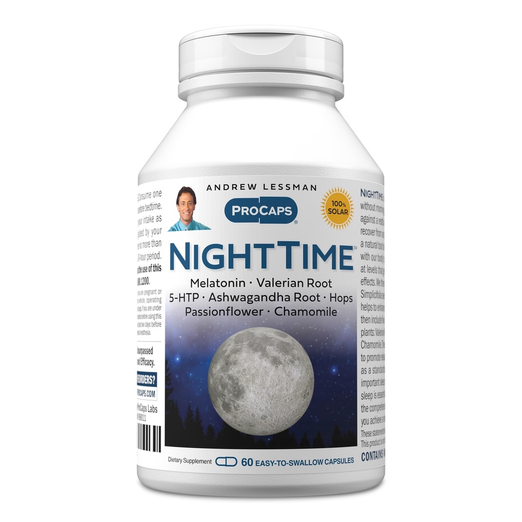 ANDREW LESSMAN Night Time 60 Capsules - 3mg Melatonin, Valerian, Ashwagandha, Passionflower, Hops, Chamomile. No Morning Grogginess. Natural Support, Gentle Restful Sleep. Easy to Swallow Capsules