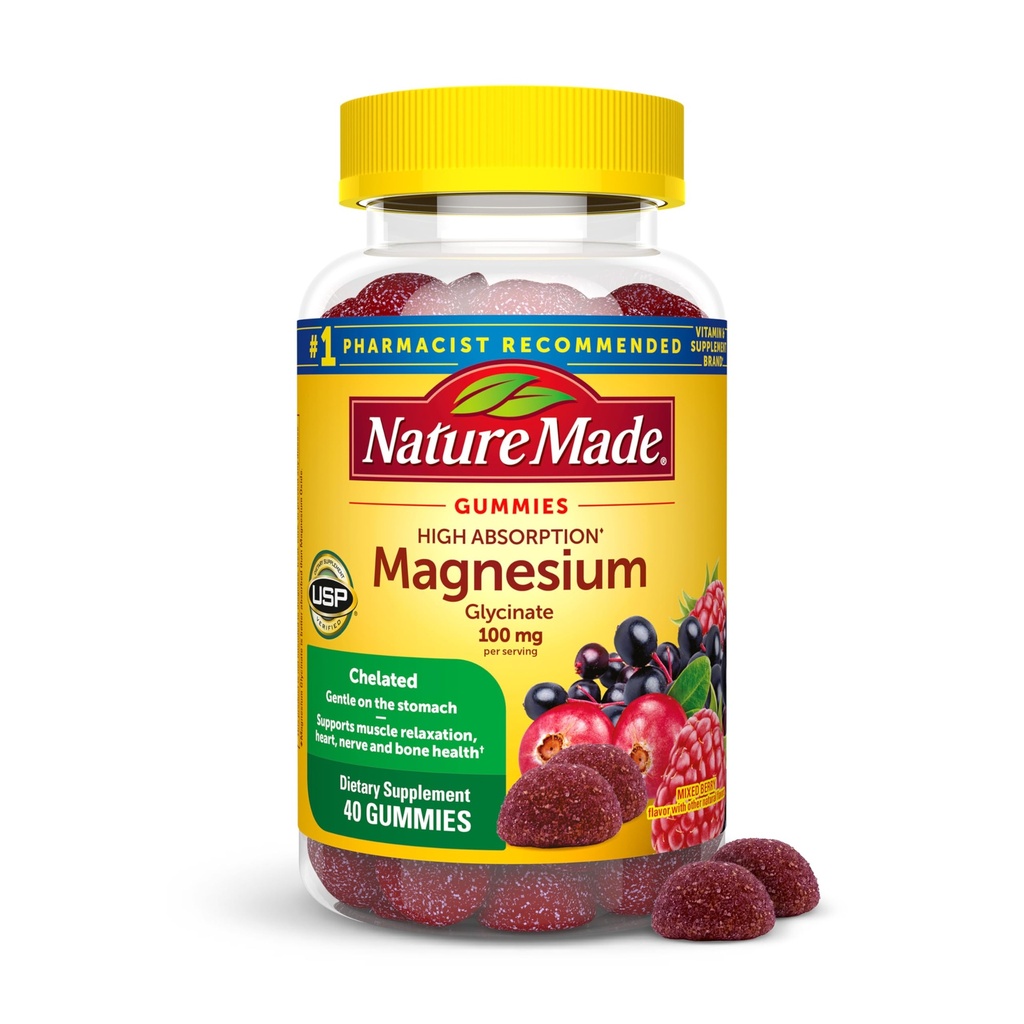 Nature Made High Absorption Magnesium Glycinate Gummies 100 mg per servering, Muskel, Nerve, Knogler og Hjerte Support, Magnesium Supplement, 40 Magnesium Gummies, 20 dages forsyning
