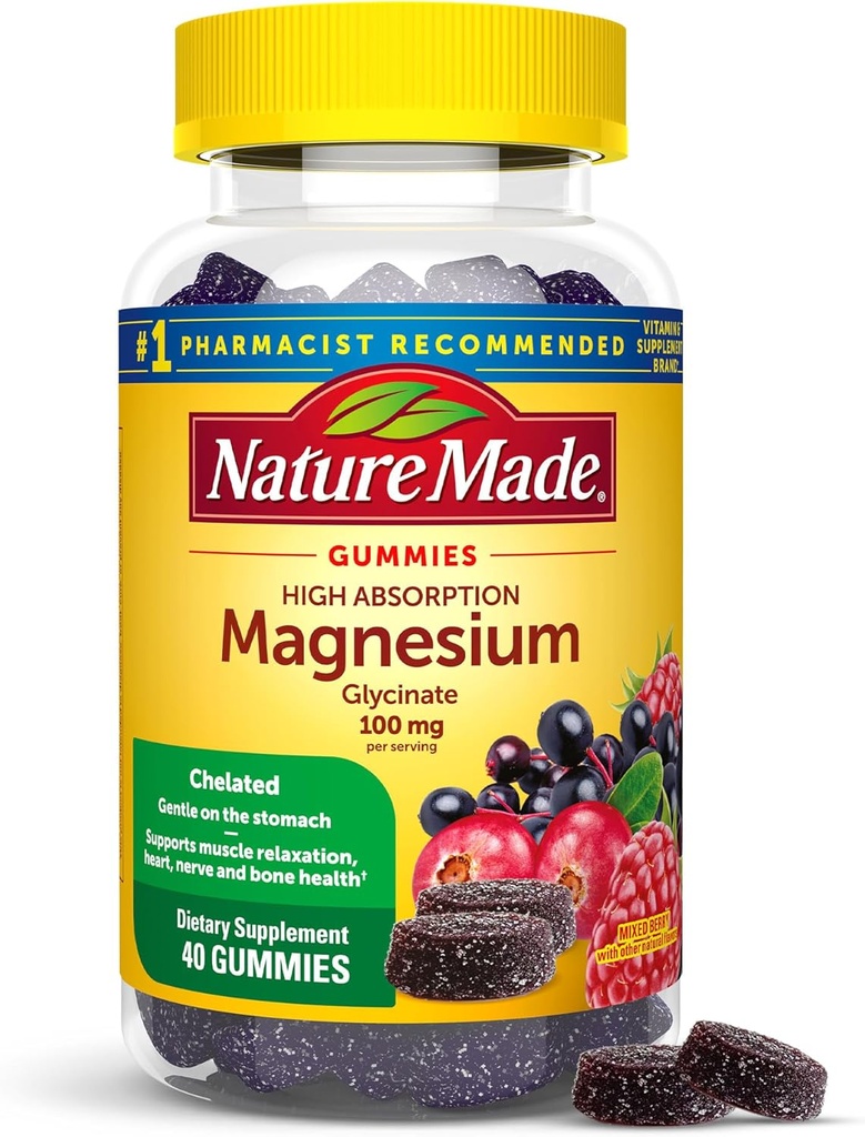 Nature Made High Absorption Magnesium Glycinate Gummies 100 mg per servering, Muskel, Nerve, Knogler og Hjerte Support, Magnesium Supplement, 40 Magnesium Gummies, 20 dages forsyning